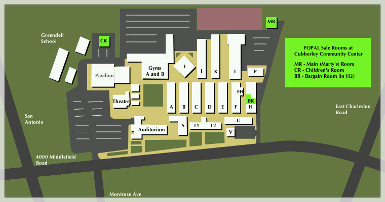 Map of Cubberley Community Center identifying Friends of Palo Alto Book Sale rooms